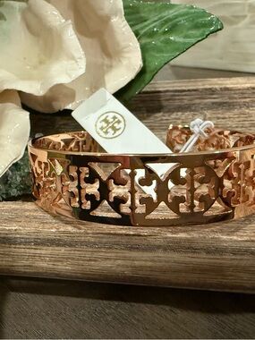 Tory Burch Rose Gold Logo Cutout Cuff Bracelet